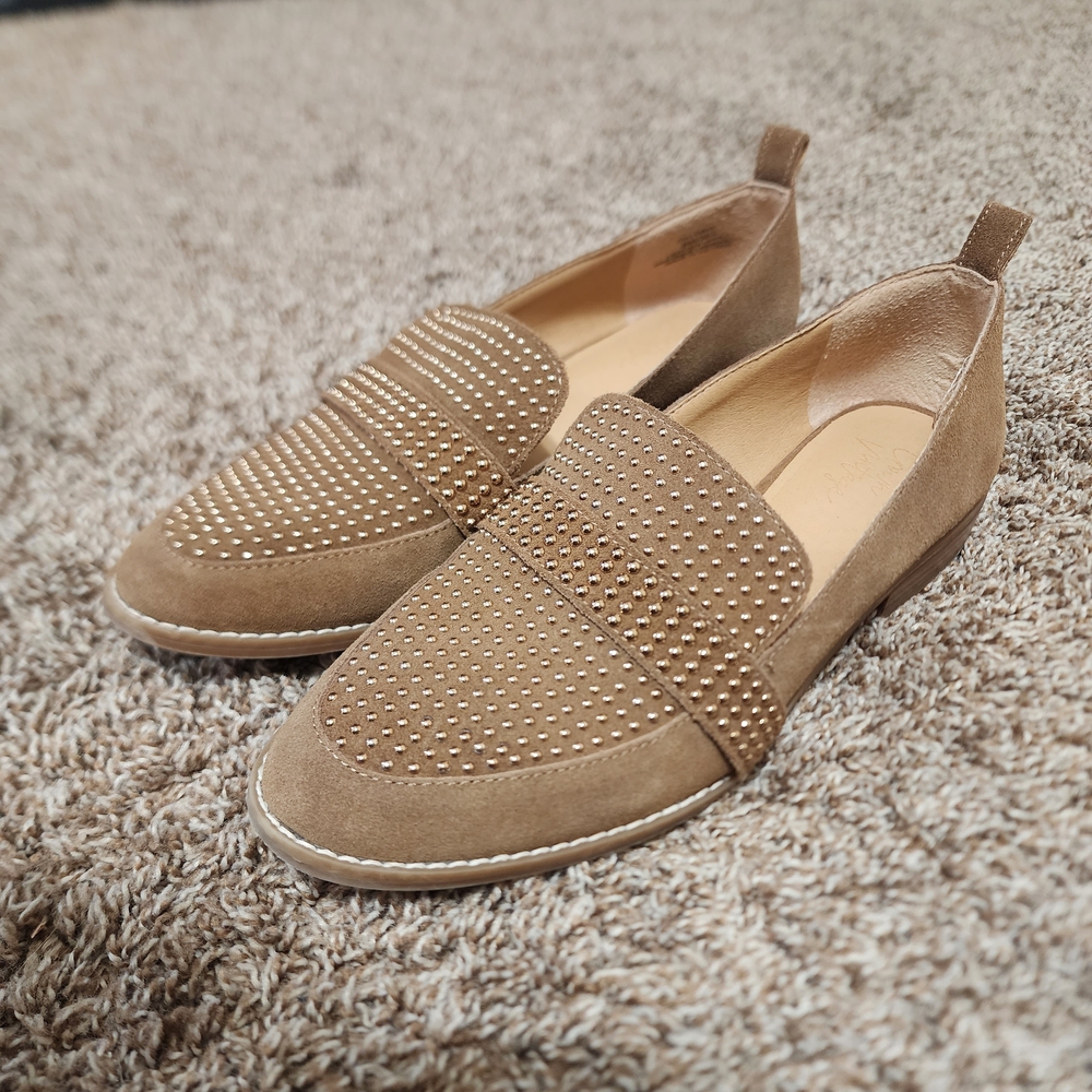 Crown Vintage Suede Studded Loafers in Light Brown